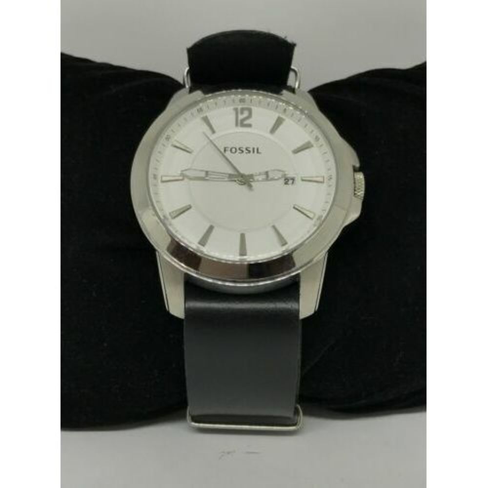 Fossil 160129 Mens Black Leather Silver Stainless Steel Analog Genuine Watch Y79